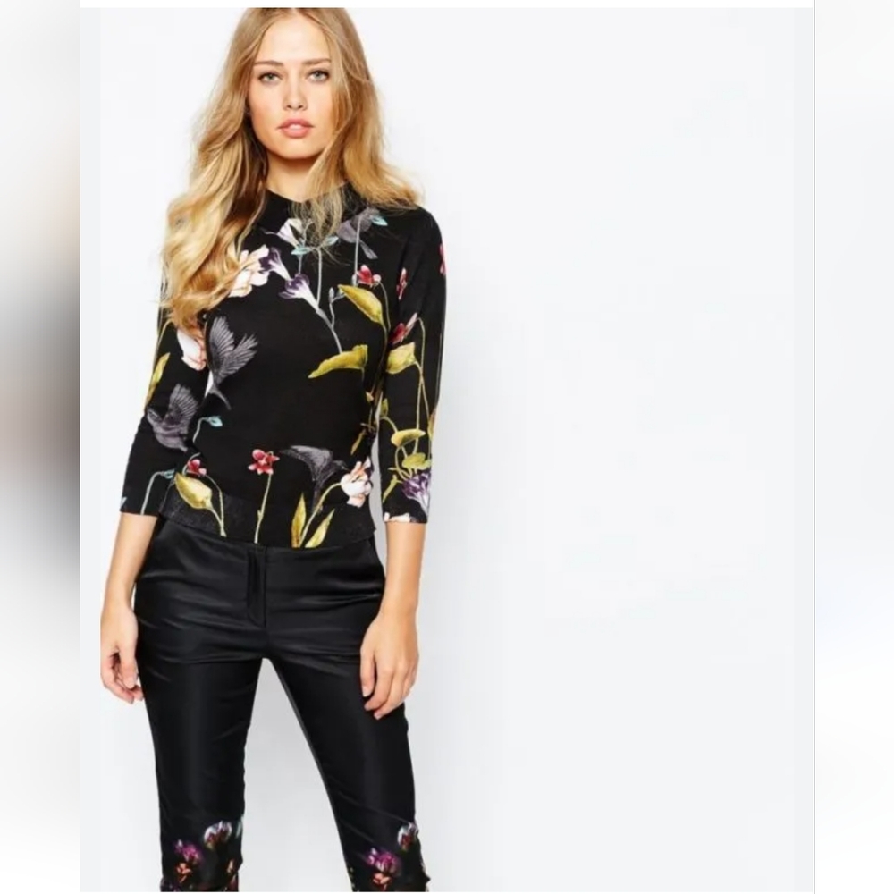 Ted Baker Black Sundryy Oriental Floral Collared Sweater Size Small